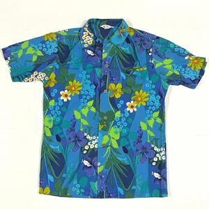 VTG Reef Hawaiian Shirt Cotton Aloha Sea Water Tropical Floral 60s 70s Fits Sz S